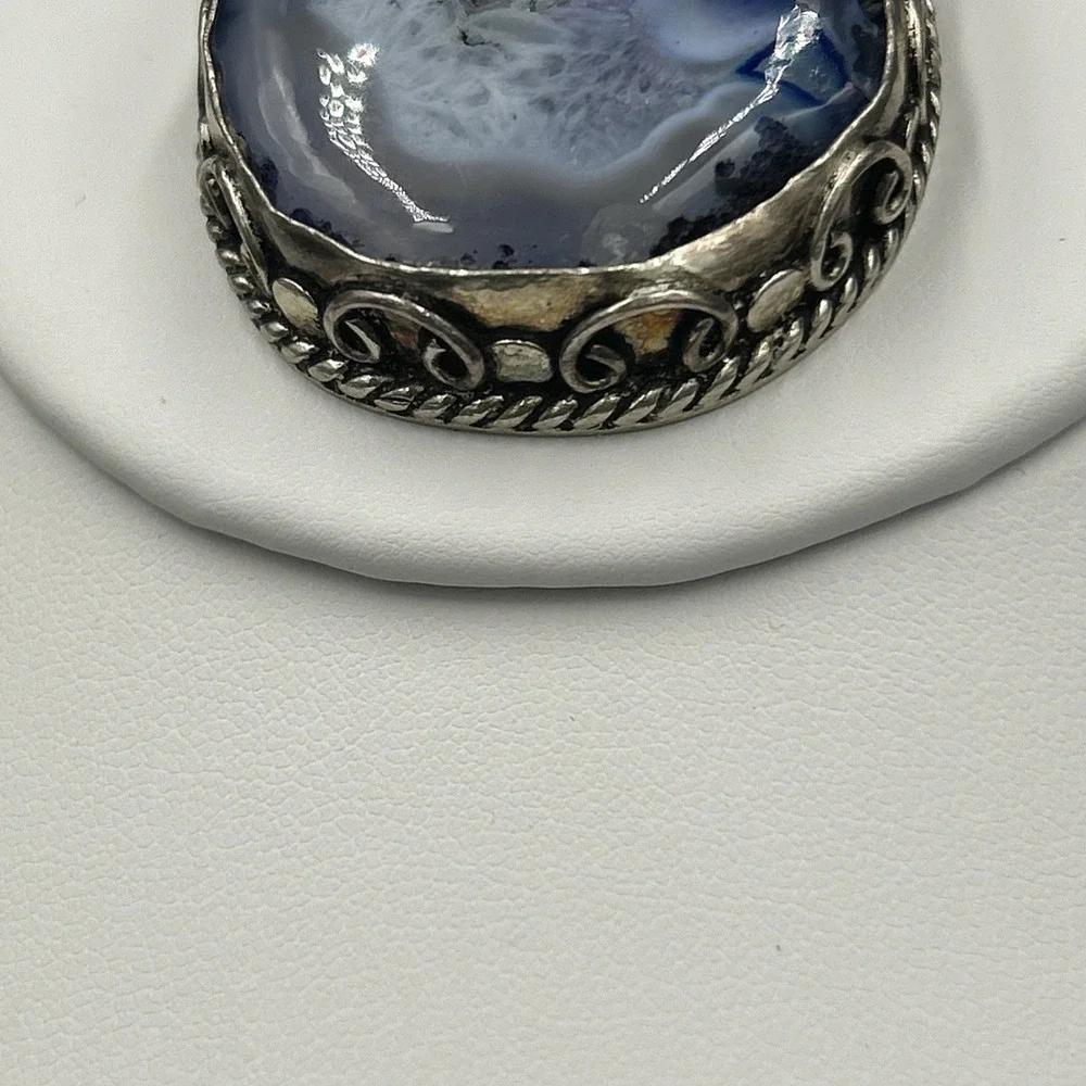 Vintage Sterling‎ Silver Chunky Deep  Blue Druzy Quartz Pendant 2